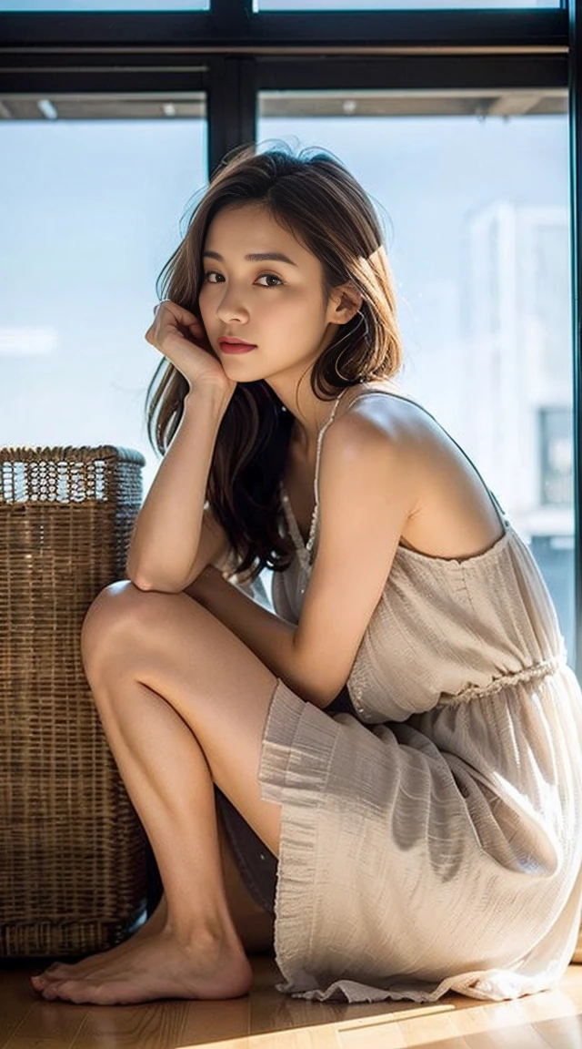 Dark brown hair、Light brown eyes、Japanese actress、 Lady、I am about 40 years old..、(Intricate details:1.2)、(Which one is on top??:1.4)、 (Ultra-high resolution:1.2)、Ultra-high resolution、(Finely tuned)、(Detailed facial features)、Hmph、8K resolution、D cup size breasts、Long Hair、Large windows、Extravagant space、relax、、,Full body photo、Head to toe shot、Beautiful legs、Camisole dress、Beautiful legs、A refreshing room filled with sunlight、she, household items,   (plant:0.8), Fashion Hub, Extreme Detail, Very detailed, Realistic, Hourglass-shaped body, Obscene pose,、、私 cry a lot、tears、person on the left、White wall、White floor、diagonally from below、Please lift your chin、テーブルの上にsit、relaxした表情、Pose of Weakness、(auraroid photo:1.2)、From outside the window、Transparent Painting、8K、32k、Highest quality、(Details of both eyes)、1 Girl、elegant、(Loose dress :1.4)、sunset、sit、(Low Angle、From what angle do you see this?:1.2)、Hilarious、Leaning against a wall、