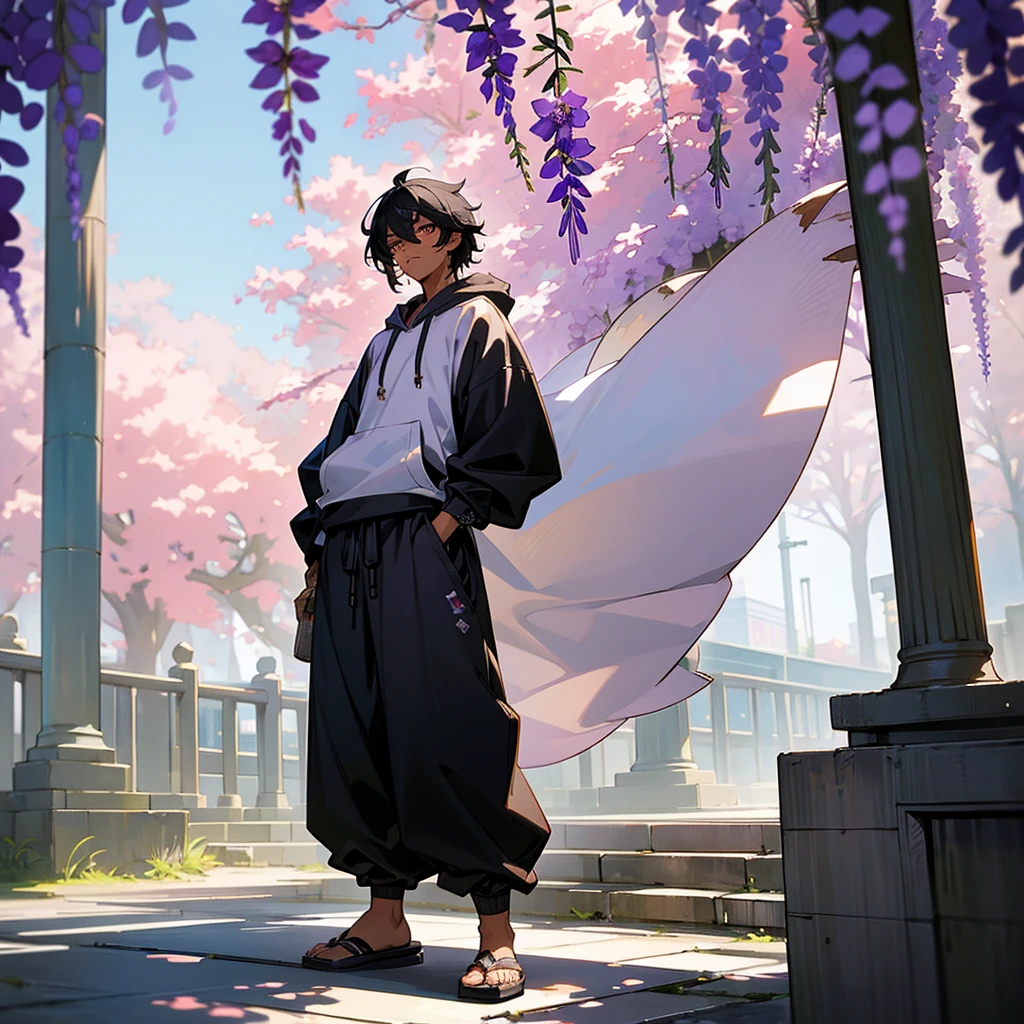 1male, young adult, dark skin, finely detailed plum eyes, wild medium hair, two tone hair, black hair color, seashell white hair color, oversized hoodie, baggy pants, standing on building, day time, tokyo streets, e expression, muscular, tattoos, wisteria flowers