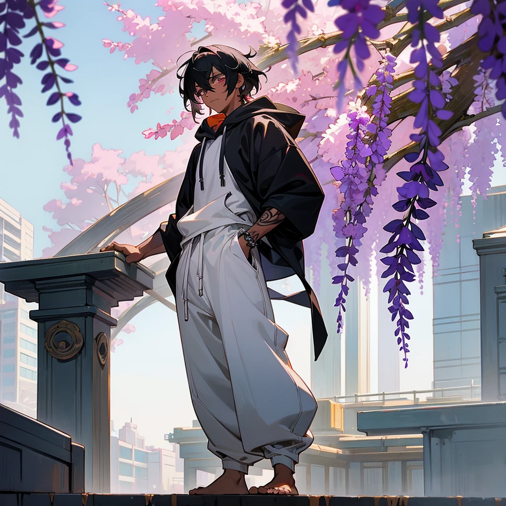 1male, young adult, dark skin, finely detailed plum eyes, wild medium hair, two tone hair, black hair color, seashell white hair color, oversized hoodie, baggy pants, standing on building, day time, tokyo streets, e expression, muscular, tattoos, wisteria flowers