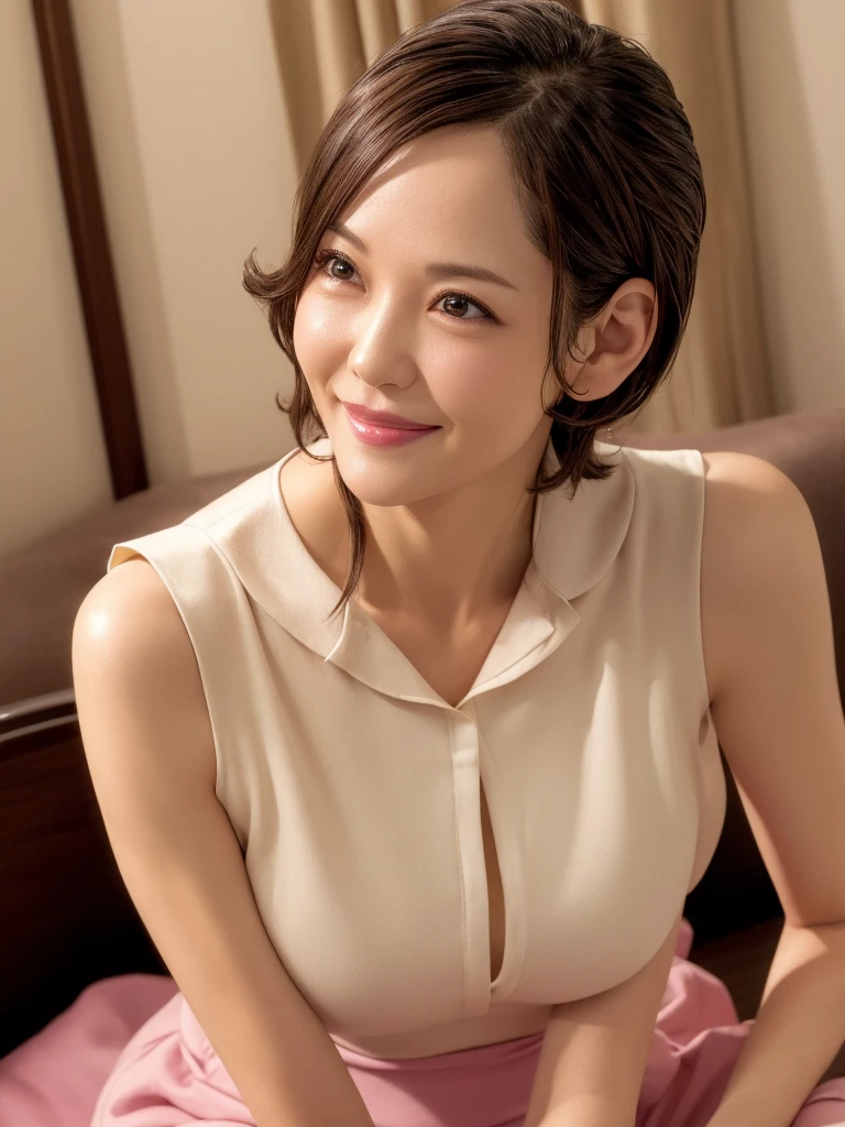 最high quality, 8K, Vibrant, Sharp focus, high quality, High resolution, Middle-aged women, 49 years old,(Wrinkles around the eyes),(wrinkles around the mouth), (whole body),(Very slim and delicate body), High heels, Highly detailed eyes, Thick lips,Plump face,Sleeveless shirt with buttons and collar,Long skirt,Love hotel room,Short Hair,A kind smile、Less exposure