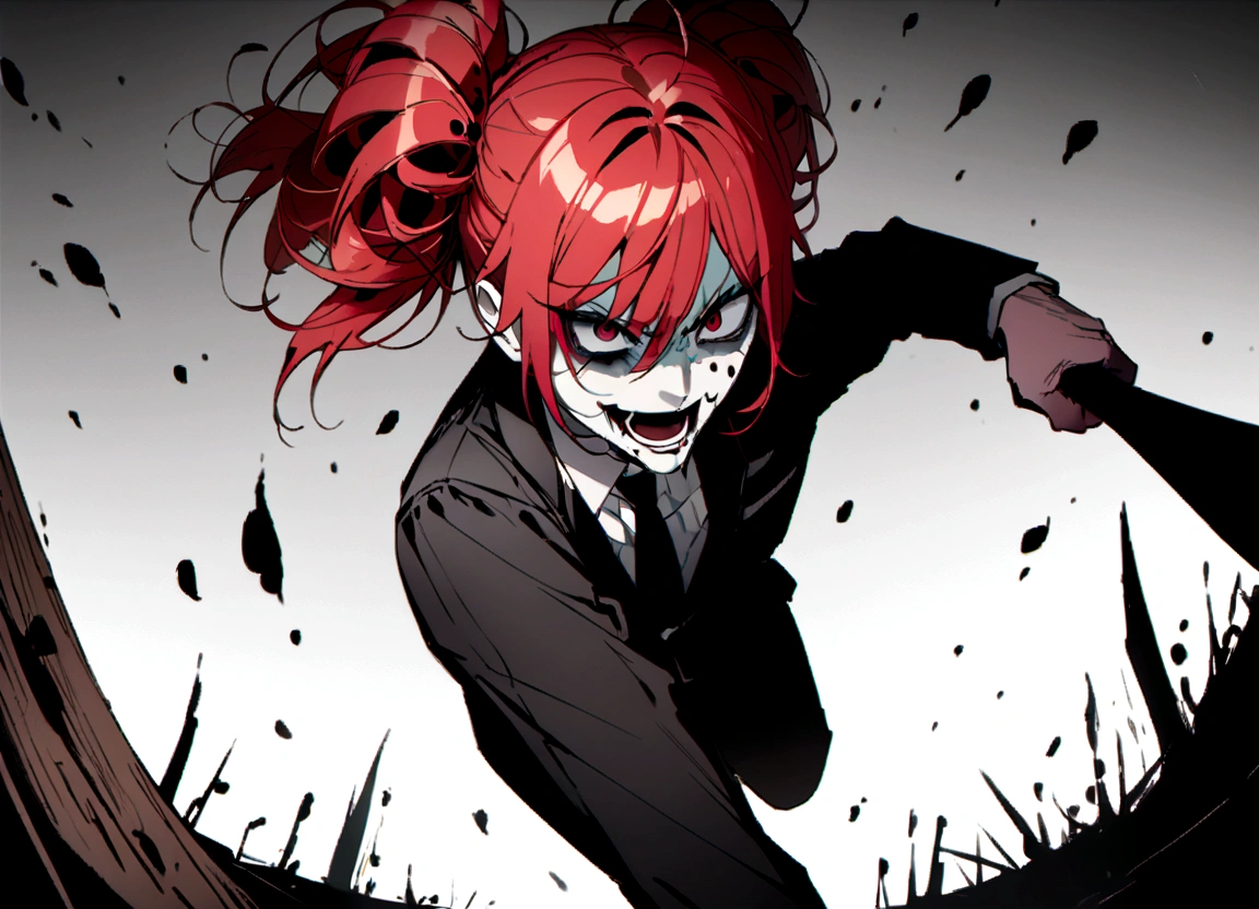 Red hair、Black suit、Black slacks、Wearing leather shoes、Holding a baseball bat、Scary face