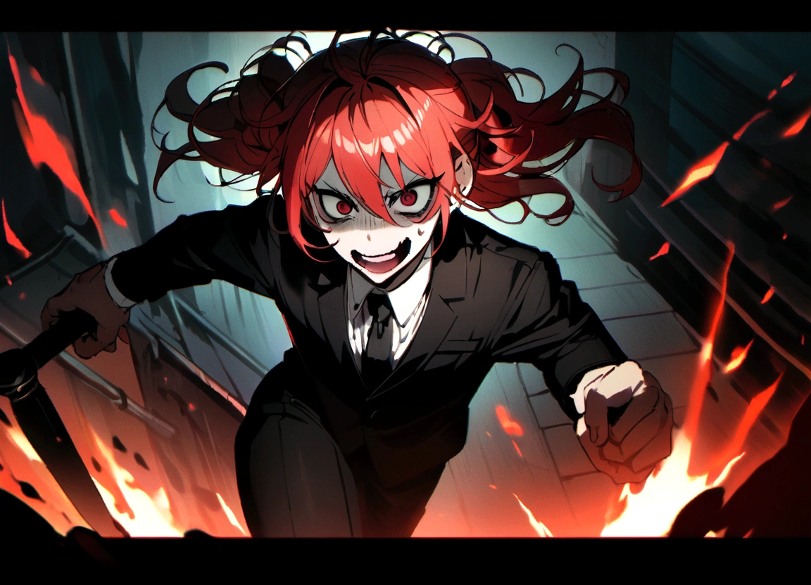 Red hair、Black suit、Black slacks、Wearing leather shoes、Holding a baseball bat、Scary face