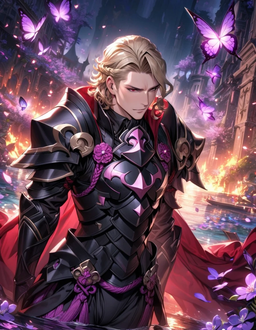 absurdres, highres, ultra detailed, HDR, master piece, best quality, Xander, blonde hair, expressive red eyes, fire emblem fates, solo, sexy man, handsome, black armor, red cape, black pants, fantasy, shining, water, purple flowers, purple blossoms, purple butterflies, purple petals