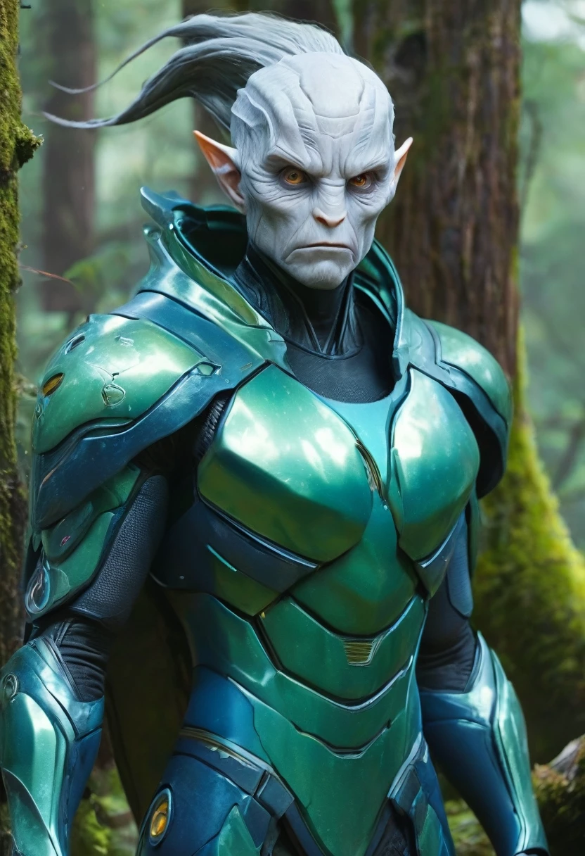 Rovender Kitt is a native of Orbona, an alien world, and he belongs to a species known as the "Hauld." He is distinctly alien in appearance, characterized by his tall and lean frame, which is covered in smooth, greenish-blue skin. His body is agile and built for quick movements, reflecting his adaptability and survival skills. Rovender's head is elongated, with large, expressive eyes that can change color based on his emotions. He has a pair of antennae protruding from his forehead, which enhance his sensory perception and communication abilities. His hands and feet are webbed, aiding in swimming and providing a better grip in various terrains. Rovender often dresses in practical, worn clothing suited for travel and survival, including a long cloak that conceals his features and provides protection from the elements.