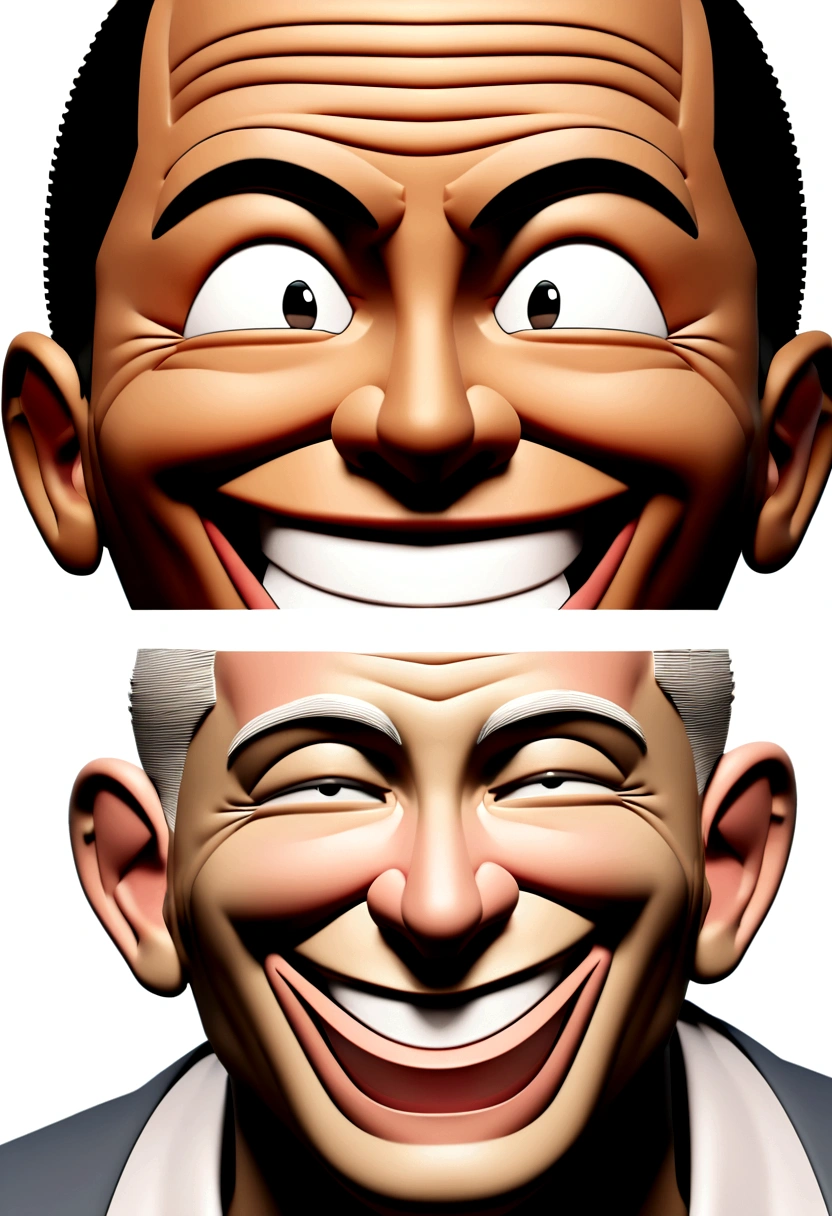 Smiling Man Illustration, insane smile, brown skin man with a giant grin, happily smiling at the camera, cheeky smile, he's smiling, very huge smile, smiling male, headshot profile picture, laughing huge smile, drawing in 3D Art style, C4D, pure white color background, Disney  style, pixar style render illustration Super Detail, 8K