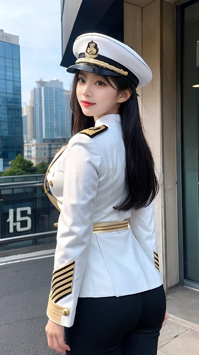 最high quality, masterpiece, 32k、Very detailed、Realistic、1 girl, Japanese women、White military uniformのコスチューム、High-grade, futuristic, sexy costume, White military uniform、US Army military uniform hat、White and gold military uniform、class seal、Wearing a white and gold military uniform hat(military officer uniform hat), Cute face, (photo Actual:1.3),Edge lighting, (Skin with attention to detail:1.2), 8K超High resolution, Single-lens reflex camera, high quality, High resolution, 4K, 8K, Optimal ratio of four fingers to one thumb, (Actual:1.3), cute 1 girl, Realistic、Super Realistic、32k、Very detailed、masterpiece, 最high quality, beautiful girl, beauty、Gorgeous girl, Medium chest、Big Ass, Narrow waist, Leg spread, Plenty of facial detail, City of the Future, Super detailed, High resolution, masterpiece, high quality, High resolution, 