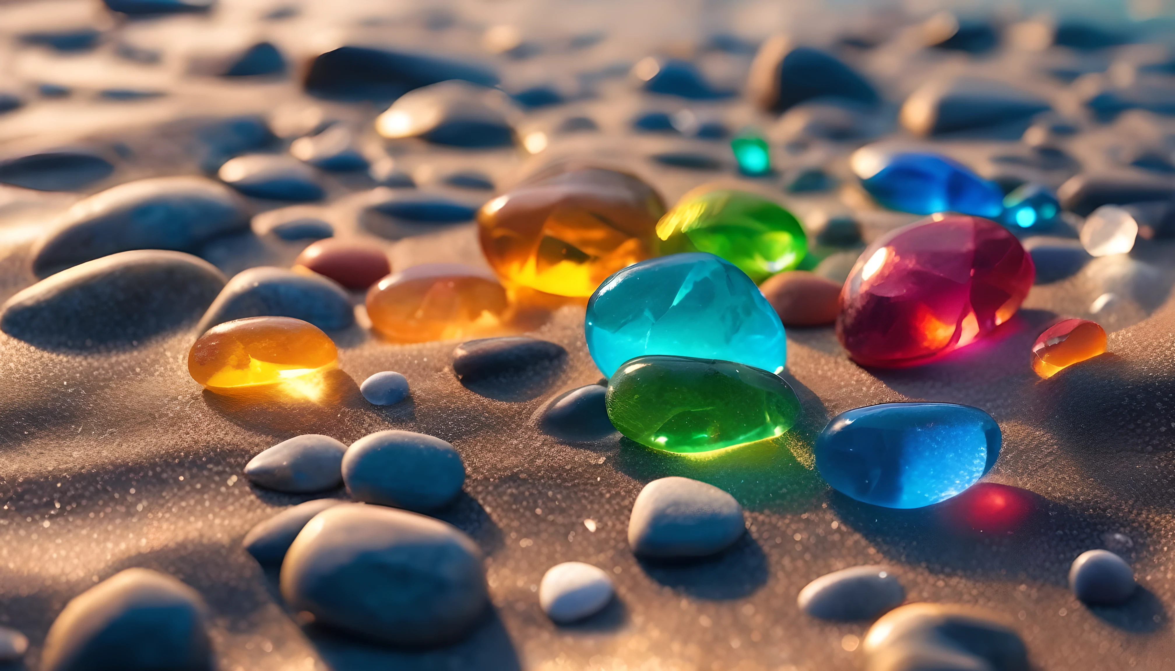 8k wallpaper，Rainbow Colors，Crystal clear pebbles，Beach，Glowing Pebbles，Fantastic lighting，Textured pebbles