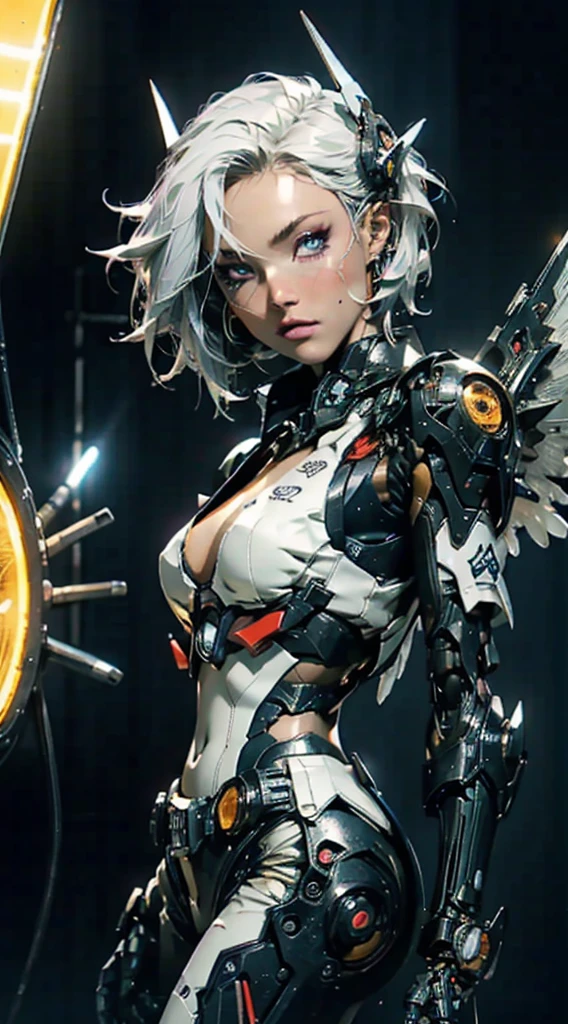 top-quality、​masterpiece、超A high resolution、(Photorealsitic:1.4)、Raw photo、Battle Cyborg Angel、large wings made of metal、White porcelain body、Acrylic Clear Cover、white  hair、glowy skin、1 Cyborg Girl、((super realistic details))、portlate、globalillumination、Shadow、octan render、8K、ultrasharp、character edge light,Colossal tits、Raw skin is exposed in cleavage、Details of complex ornaments、Double Zeta Gundam details、Hydraulic cylinder、Small LED lamp、highly intricate detail、Realistic light、a purple eye、radiant eyes、Facing the camera、neon details、cowboy  shot、Futuristic headgear、About Cyberpunk、、