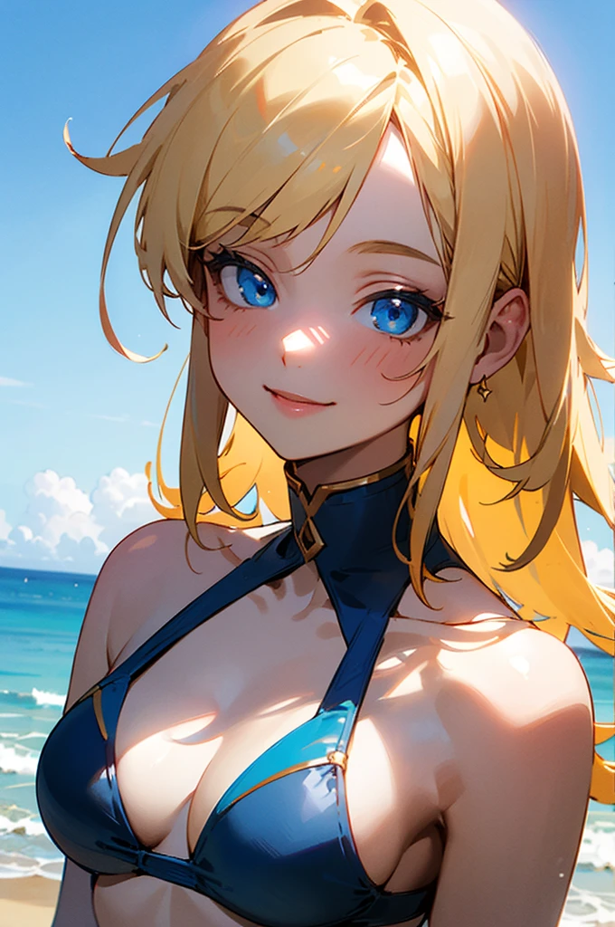 ((best quality)), ((masterpiece)), (detailed), 1girl, blonde hair, blue eyes, ethereal beauty, at beach, blue bikini, smile.