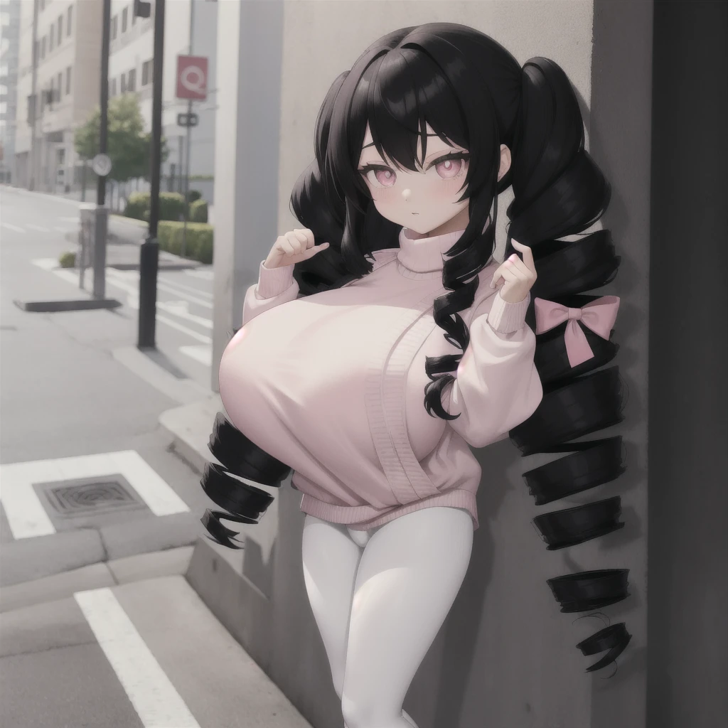 black hair, female, twin drills, solo, smol, pink eyes, massive breasts, very long hair, wear plain white sweater and leggings, masterpiece, ultra high quality