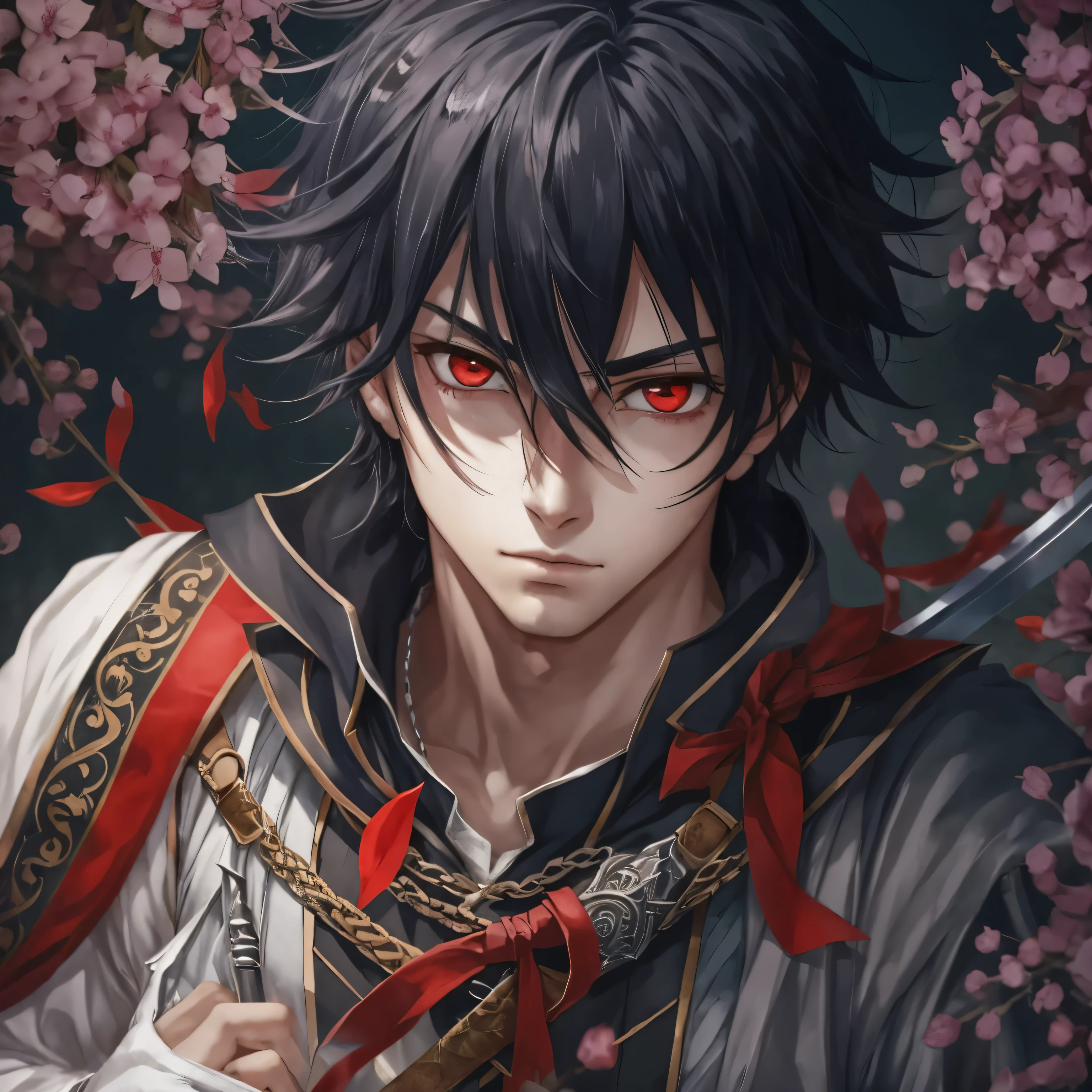 (Obra-prima, melhor qualidade: 1.2) Anime boy, black hair , red eyes , medieval clothes , Swordsman