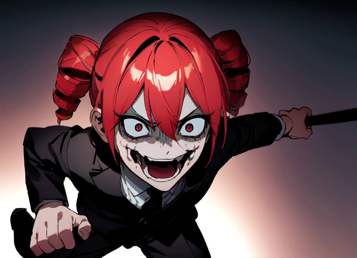 Red hair、Black suit、Black slacks、Wearing leather shoes、Have a hammer、Scary smile、In town、Daytime