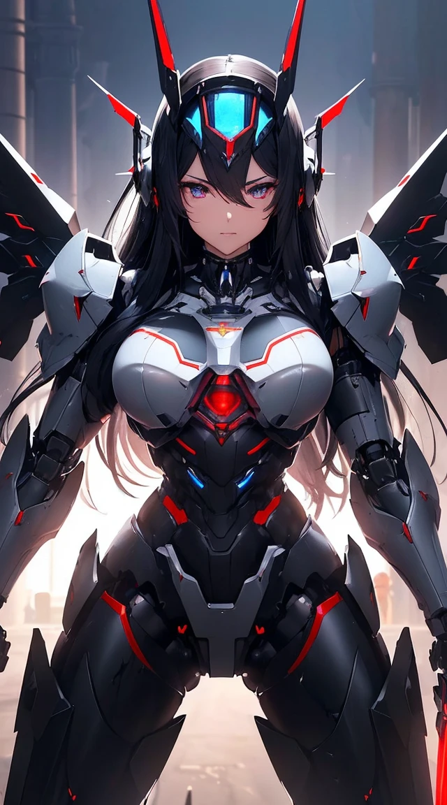 ((Shining lenses on both breasts:1.3))、((Pillars of red light radiate from both chests..:1.3))、((Attack pose:1.6))、((He has a red sword and a long rifle:1.6))、((Battle Scenes:1.8))、((8K)), ((32k)), ((Highest quality)), ((masterpiece)), ((超A high resolution)), ((Tmasterpiece)), ((Halation:1.4))、((Mechaニカルheadgear:1.2))、((Cyber headphones:1.3))Fine skin, High quality fabric, High-quality metal texture、((Beautiful and dense face))、RAW Photos、Professional, Ultra-fine painting, ((alone)), Beautiful breasts、Highest quality, Very detailed, Very detailed詳細, Finer details, so beautiful, ((Black Knight Robot:1.2)), (Joint of the machine, Mechanical Limbs:1.3), (The internal structure of the machine is exposed:1.3), (Long black hair:1.1), (Beautiful and huge mechanical breasts)、White Veil, cowboy_shot, Side Focus, headgear, Shiny、(Five Fingers, Four fingers and thumb),Concept Art, Anime fantasy artwork, Detailed fantasy art, (Has light blue-purple hair and black wings,,,,,,), (((Long black hair))), (Mecha:1.6)、Sleek and intimidating design, (Jet black perfect robot body)、Jet black and reddish purple arms, Symmetrical wings, 8K High Resolution, Detailed Art, 3D rendering of character art in 8K, neat legs, Defined, Defined fingers,((headshot:1.6))