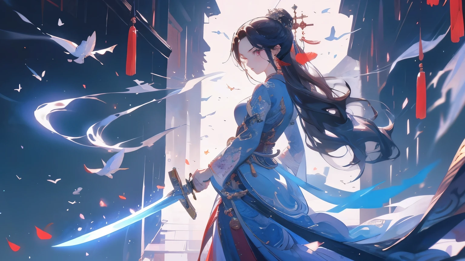 Girl with a sword,Stand on the bridge in the moonlight,The background is Chinese-style。His facial features are delicate,The image quality is excellent,Delivering masterpiece results,The image is crisp and crisp,Ultra-high resolution 4K