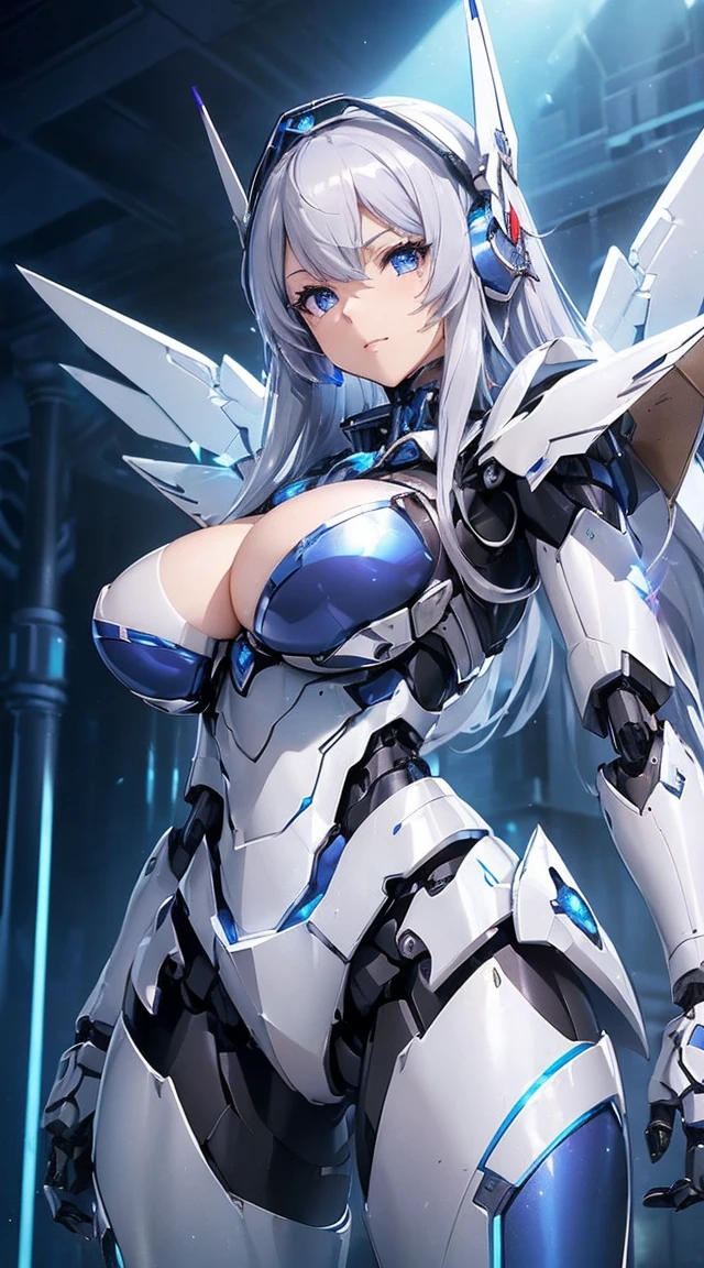 ((Intense action pose:1.6))、((Shining lenses on both breasts:1.3))、((Blue pillars of light are emanating from both chests.:1.3))、smile、((8K)), ((32k)), ((Highest quality)), ((masterpiece)), ((超A high resolution)), ((Tmasterpiece)), ((Halation:1.4))、((Mechaニカルheadgear:1.2))、((Cyber headphones:1.3))、Fine skin, High quality fabric, Fine metal texture、((Beautiful and dense face))、RAW Photos、Professional, Ultra-fine painting, ((alone)), Beautiful breasts、Highest quality, Very detailed, Very detailed詳細, Finer details, so beautiful, ((Princess Knight Robot:1.2)), (Joints of machines, Mechanical Limbs:1.3), (The internal structure of the machine is exposed:1.3), (Long silver hair:1.1), (Beautiful and huge mechanical breasts)、White Veil, cowboy_shot, Side Focus, headgear, Shiny、(Five Fingers, Four fingers and thumb),Concept Art, Anime fantasy artwork, Detailed fantasy art, (with pale blue-violet hair and large white wings,,,,,,,), (((Long silver hair))), (Mecha:1.6)、Sleek and intimidating design, ((Commander-in-Chief'arm)), (Perfect robot body)、純白と青紫armまたは, Symmetrical wings, 8K high quality, detailed art, 3D rendering of character art in 8K, neat legs, Defined, Defined fingers,
