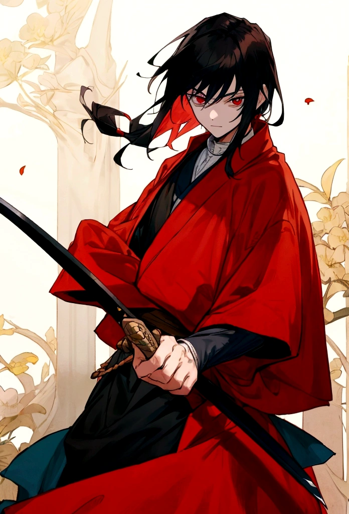 (Obra-prima, melhor qualidade: 1.2) Anime boy, black hair , red eyes , medieval clothes , Swordsman