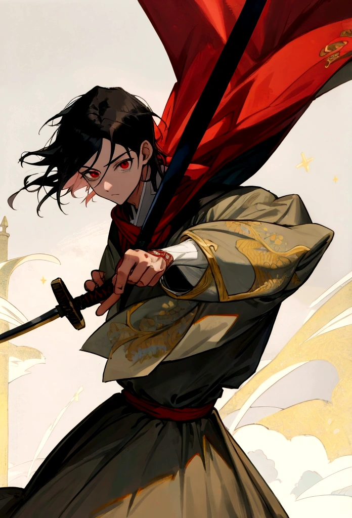 (Obra-prima, melhor qualidade: 1.2) Anime boy, black hair , red eyes , medieval clothes , Swordsman
