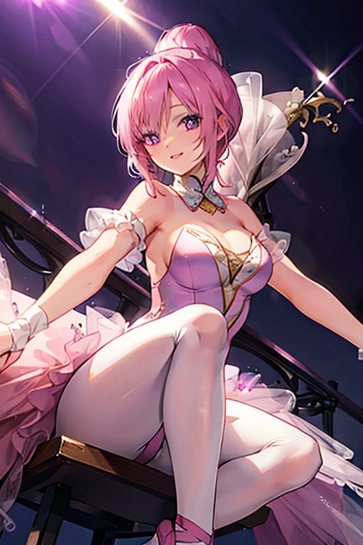 A pink haired woman with violet eyes with an hourglass figure in a ballet uniform with her hair in a bun is sitting on the stage with a big smile