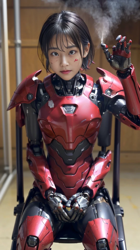 Rough skin, Very detailed, Advanced Details, high quality, 最high quality, High resolution, 1080P 、、Red Armor、Wearing red and black、cute((During a break))(Wearing a damaged female robot suit...)(Red Armor)(Broken Armor)Black Hair、Short Hair、Soaking wet、Transformers、、Sweaty face、Beautiful Face、cute、knock down、よだれing from the mouth、Elementary school girl (Steam coming out of the face) ((Steam from the body)) Sit on a chair Filming location I can see the vagina Open the crotch to the front Look up