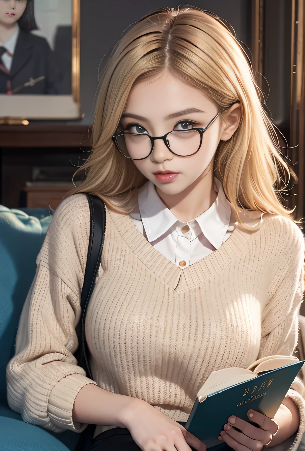blond woman wear glasses reading a book while laying on a couch, girl wearing Round glasses, 厚Round glasses, big Round glasses, Round glasses, thin Round glasses, wearing small Round glasses, wear glasses, wearing Round glasses, wearing thin large Round glasses, Korean Girl, girl wear glasses, wearing black glasses, Thick glasses, Ulzan, Round glasses