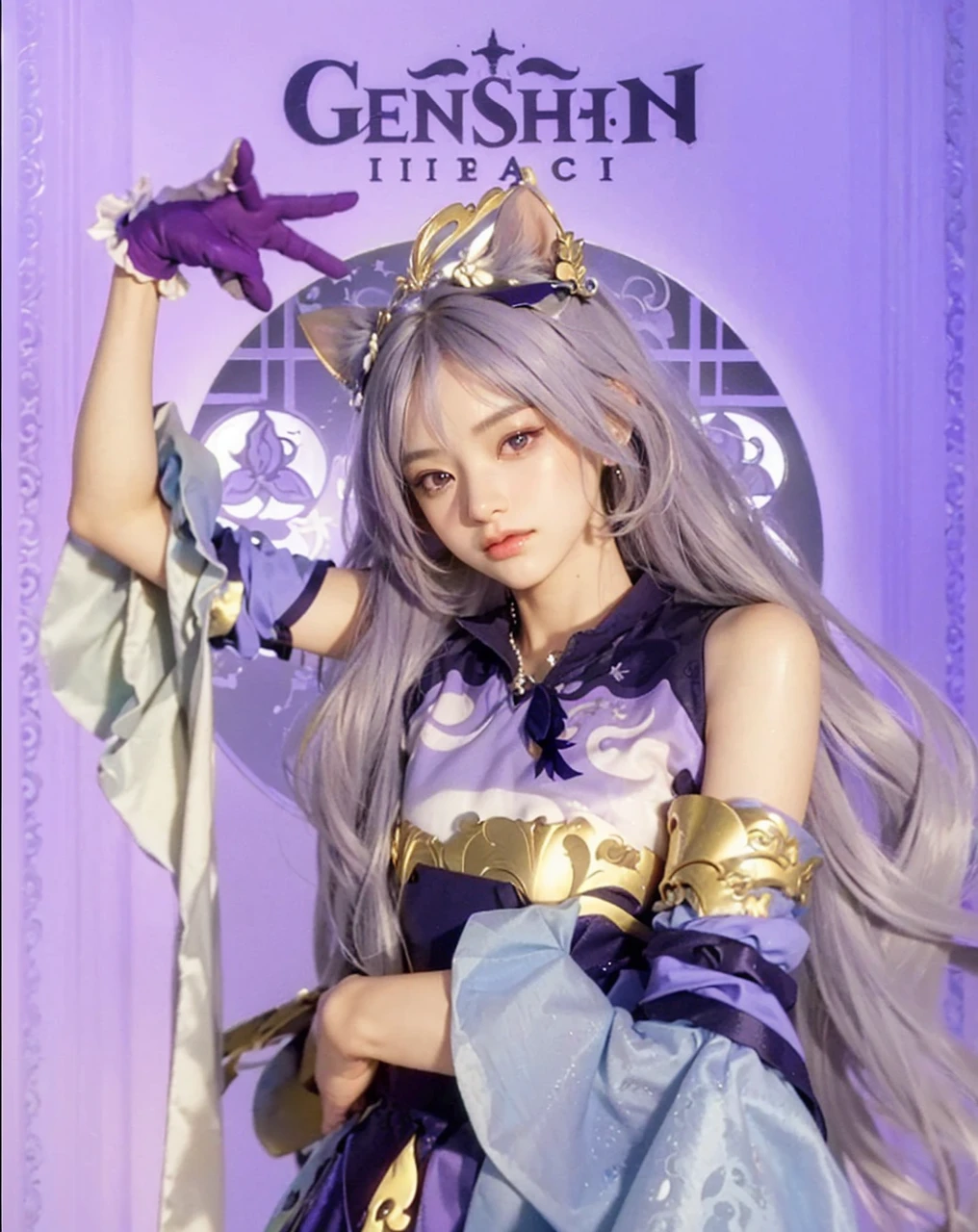( KEQING_GENSHIN IMPACT),((realistic, photorealistic)),(highlight hair)), Light reflection, (( HD )),((upper body)), (((best quality, masterpiece))), (masterpiece) (best quality) (detail) (8k) (HDR) (wallpaper) (cinematic lighting) (sharp focuasterpiece, best quality: 1.1), Real life adaption of this character, Asian teen beauty face, Shining Purple eyes, realistic outfit, realistic shadow, realistic light, realism, hyper realistic, realistic background,(photorealistic:1.2), 1girls,Purple background, cat ears, purple gloves