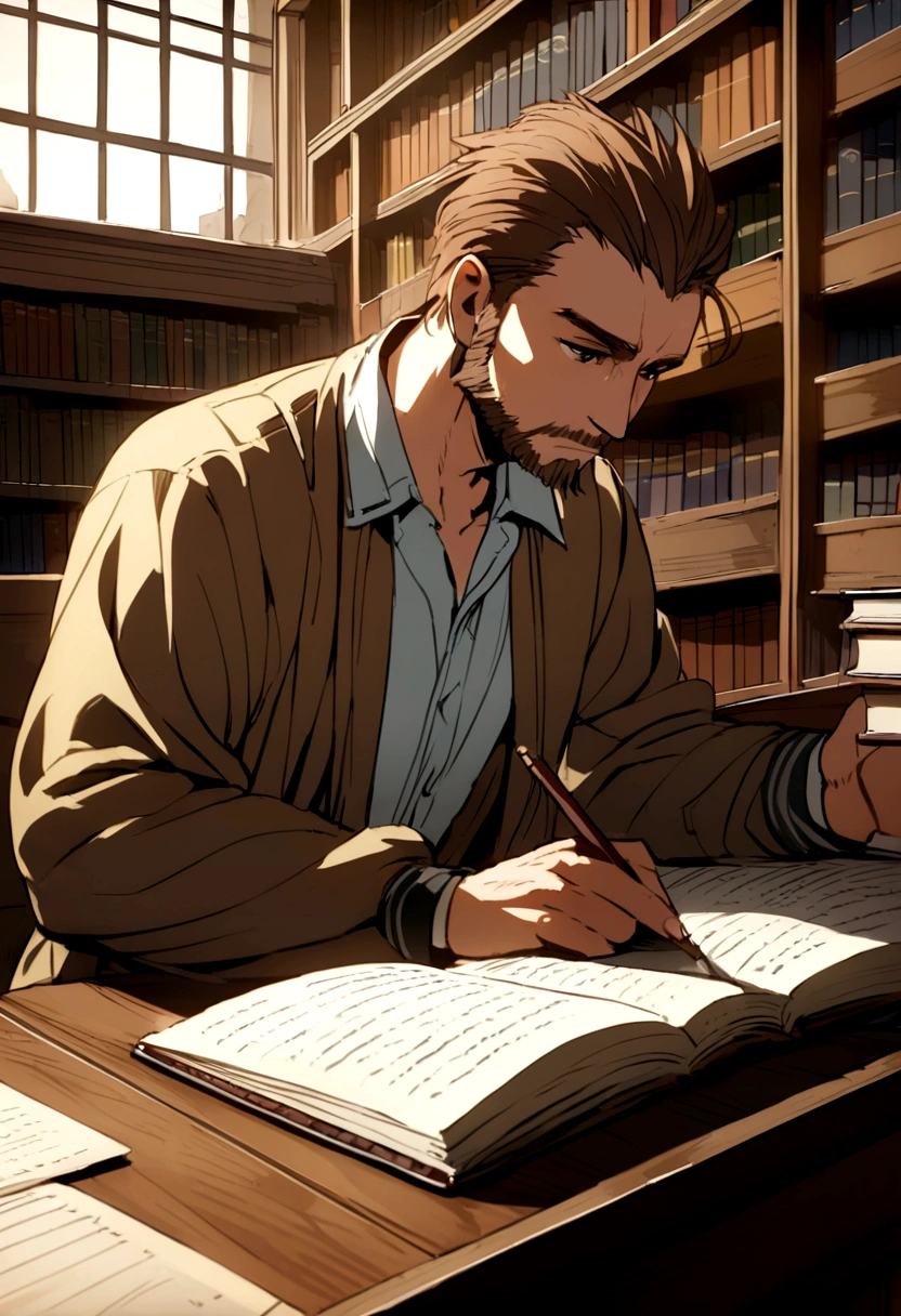 guy with mid long brown wolfcut hair, with a brown beard studying in the library