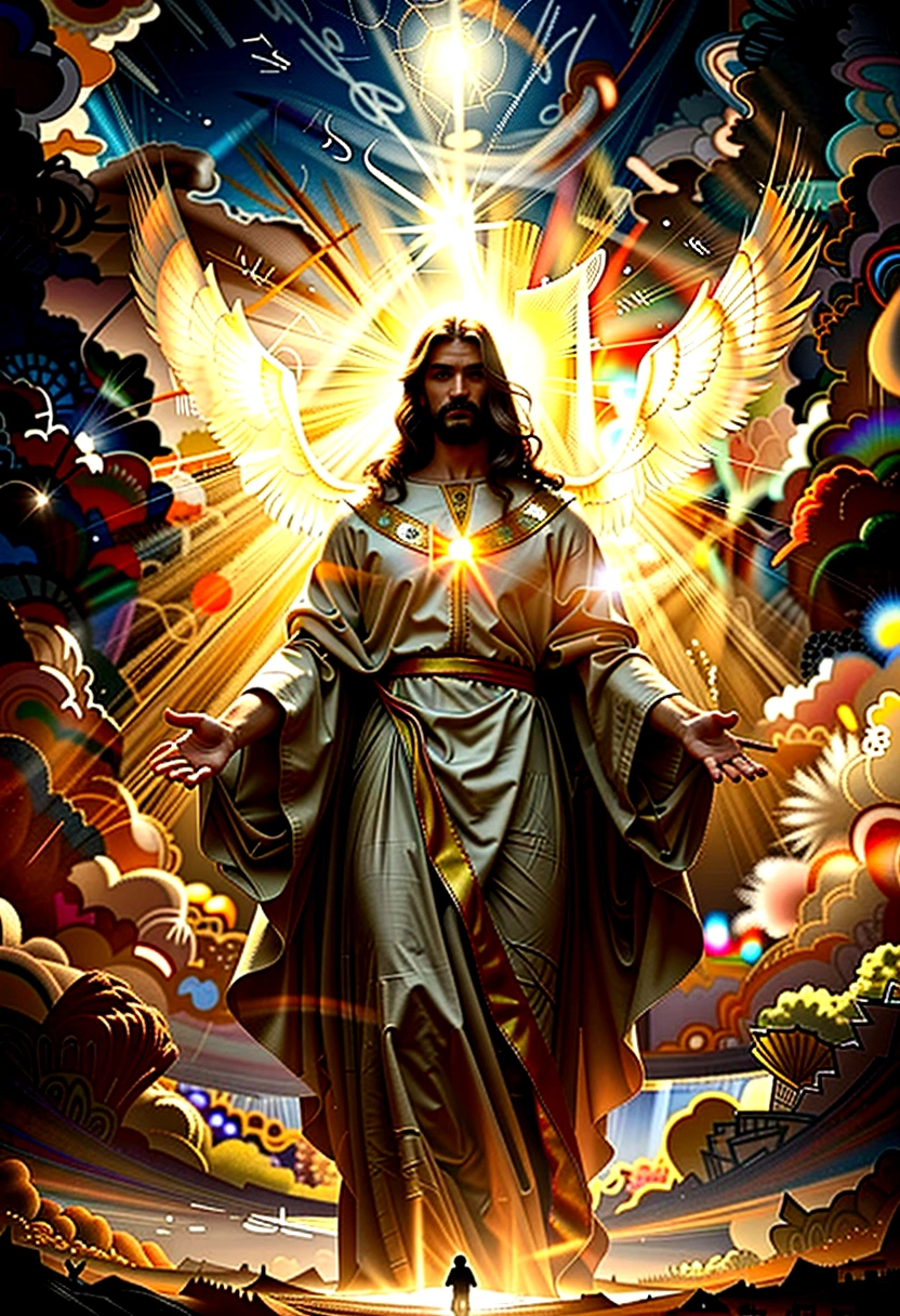 cinematic dramatic portrait of jesus christ, jesus christ in glory, jesus christ in the sky, jesus christ surrounded by light, jesus christ in divine atmosphere, masterful oil painting, highly detailed, photorealistic, dramatic lighting, cinematic composition, epic scale, glowing radiant light, heavenly atmosphere, majestic clouds, dramatic sky, dramatic lighting, chiaroscuro, intricate details, rich textures, vibrant colors, renaissance style, ornate details, heavenly aura, ethereal presence