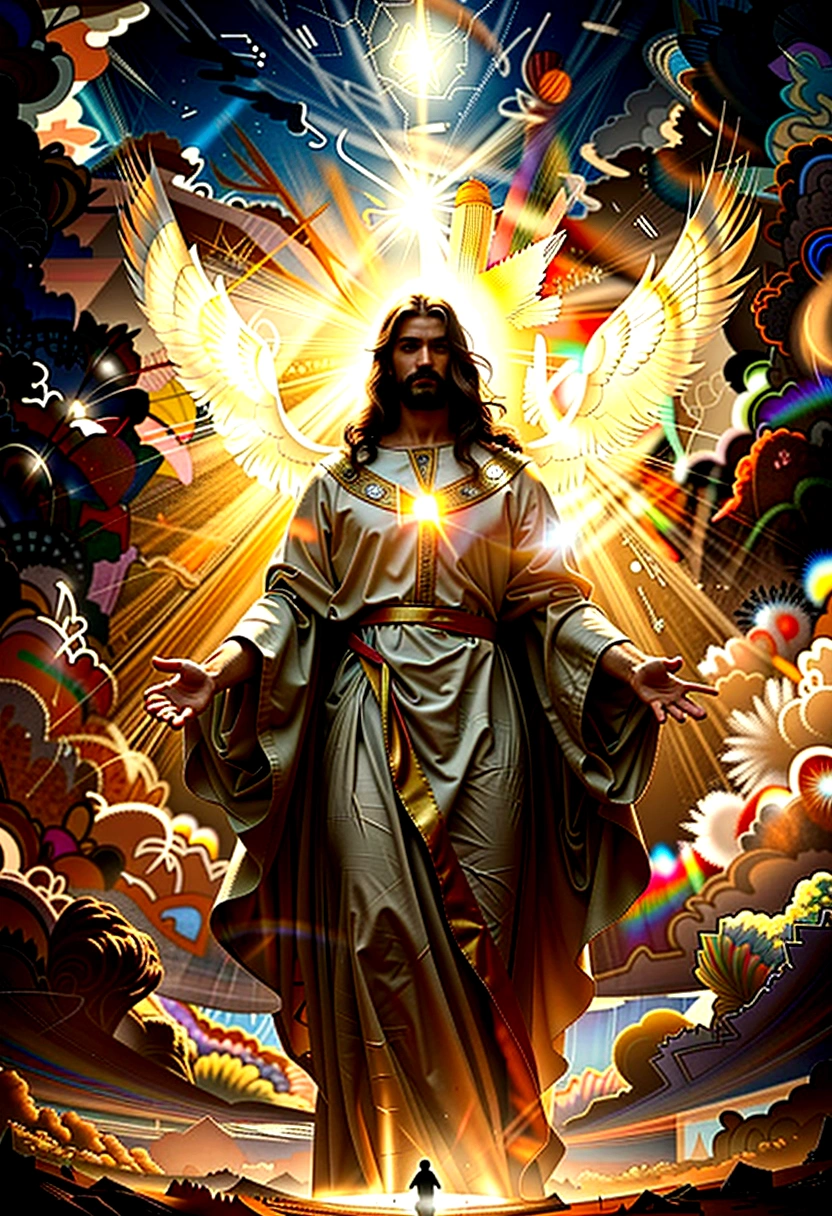 cinematic dramatic portrait of jesus christ, jesus christ in glory, jesus christ in the sky, jesus christ surrounded by light, jesus christ in divine atmosphere, masterful oil painting, highly detailed, photorealistic, dramatic lighting, cinematic composition, epic scale, glowing radiant light, heavenly atmosphere, majestic clouds, dramatic sky, dramatic lighting, chiaroscuro, intricate details, rich textures, vibrant colors, renaissance style, ornate details, heavenly aura, ethereal presence