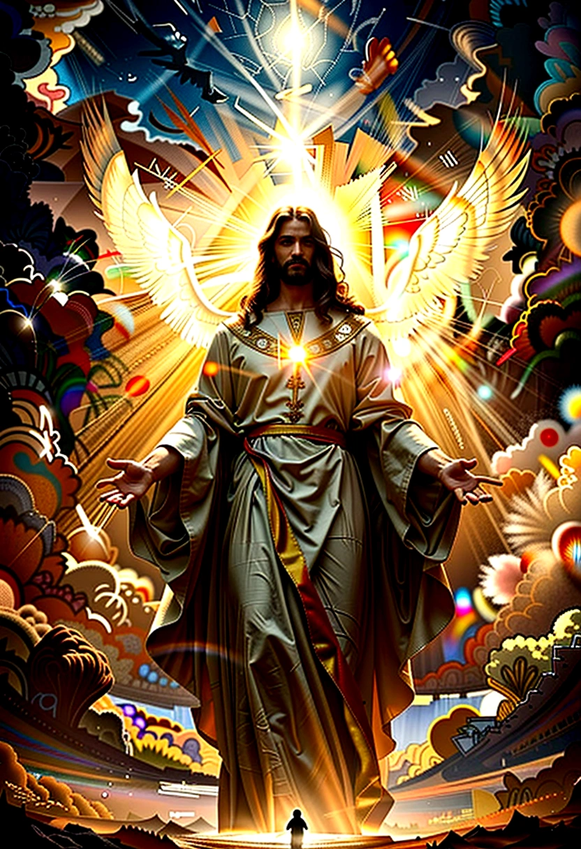 cinematic dramatic portrait of jesus christ, jesus christ in glory, jesus christ in the sky, jesus christ surrounded by light, jesus christ in divine atmosphere, masterful oil painting, highly detailed, photorealistic, dramatic lighting, cinematic composition, epic scale, glowing radiant light, heavenly atmosphere, majestic clouds, dramatic sky, dramatic lighting, chiaroscuro, intricate details, rich textures, vibrant colors, renaissance style, ornate details, heavenly aura, ethereal presence