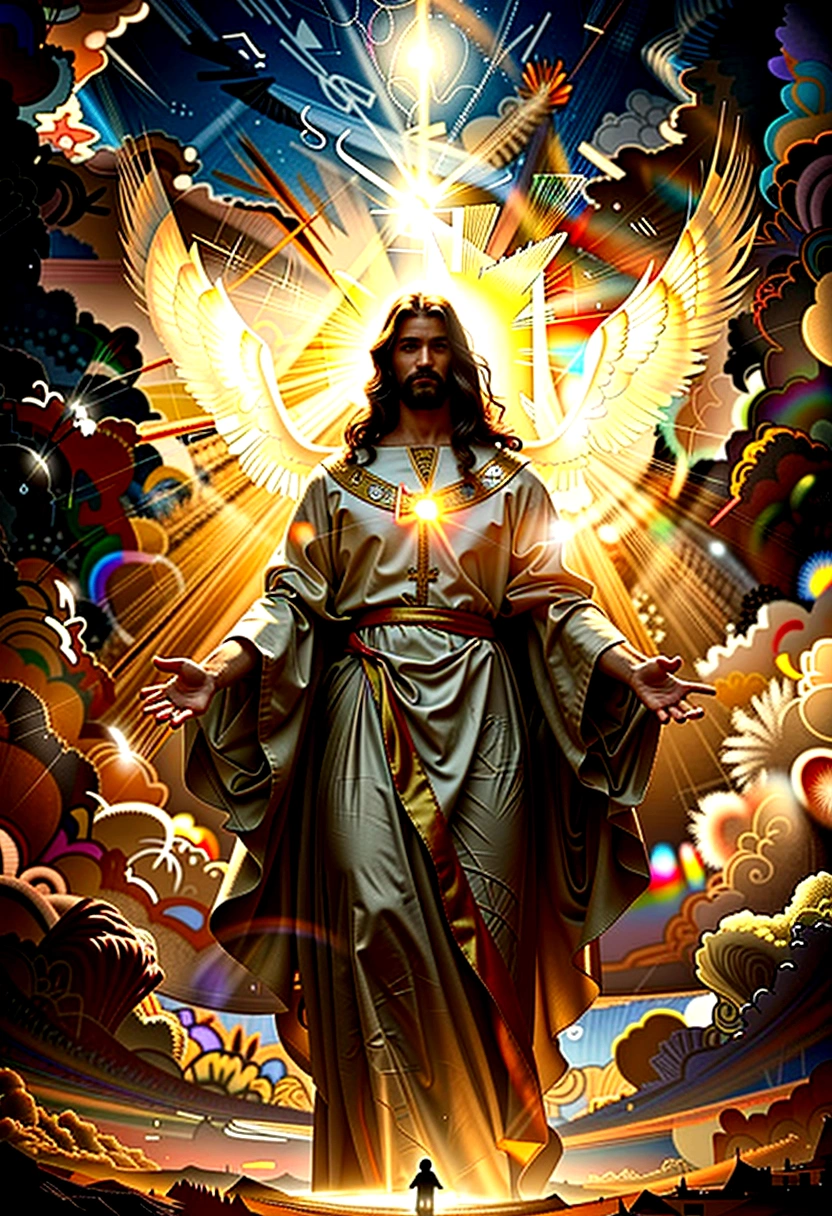 cinematic dramatic portrait of jesus christ, jesus christ in glory, jesus christ in the sky, jesus christ surrounded by light, jesus christ in divine atmosphere, masterful oil painting, highly detailed, photorealistic, dramatic lighting, cinematic composition, epic scale, glowing radiant light, heavenly atmosphere, majestic clouds, dramatic sky, dramatic lighting, chiaroscuro, intricate details, rich textures, vibrant colors, renaissance style, ornate details, heavenly aura, ethereal presence