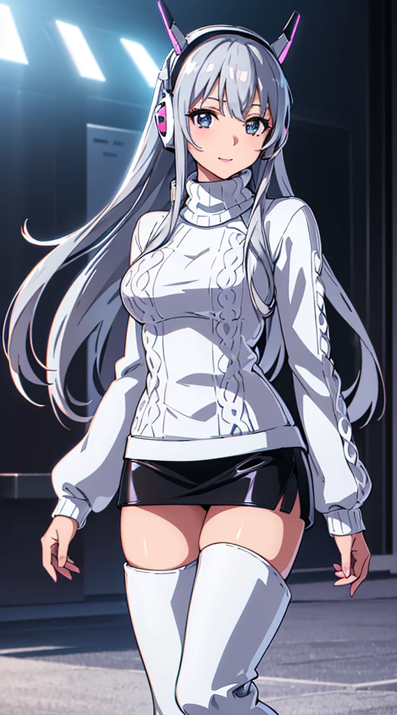 smile、((8K)), ((32k)), ((Highest quality)), ((masterpiece)), ((超A high resolution)), ((Tmasterpiece)), ((Halation:1.4))、((White mechanical headgear:1.3))、((White mecha cyber headphones:1.3))、Fine skin, High quality fabric, ((Beautiful and dense face))、RAW Photos、Professional, Ultra-fine painting, ((alone)), Beautiful breasts、Highest quality, Very detailed, Very detailed詳細, Finer details, so beautiful, Full body description、on a futuristic street、White thigh-high boots、(Woman wearing a black leather miniskirt:1.8)、(Wearing a white knitted turtleneck sweater:1.8)、 take a walk、Beautiful legs、(Machine Eyes:1.3)、drooping eyes: 1.3,, (In 8K) , masterpiece, (No retouching, Lip gloss, False eyelashes, Real Skin, Highest quality, 超A high resolution, Depth of written boundary, chromatic aberration, Caustics, Wide Lighting, Natural Shading))、Korean Idol、Asian woman smiling at camera,、Young and cute gravure idol, Young and skinny gravure idol, Realistic Young Gravure Idol, Young Gravure Idol, Japanese Model, Shot with Canon EOA 6D Mark II, Shot with Canon EOS 5D Mark IV, Young Gravure Idol、(White thigh-high boots:1.5)、(Long silver hair:1.1), cowboy_shot, Side Focus, Shiny、Concept Art, Anime fantasy artwork, (((Long silver hair))), 8K high quality, detailed art, In 8Kのキャラクターアートの3Dレンダリング, neat legs, Defined, Defined fingers,