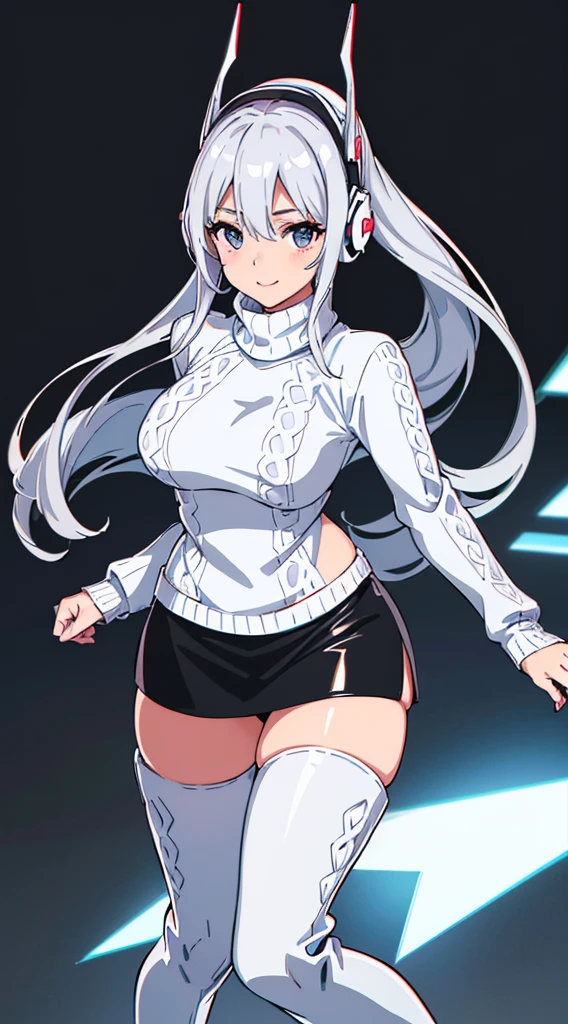 smile、((8K)), ((32k)), ((Highest quality)), ((masterpiece)), ((超A high resolution)), ((Tmasterpiece)), ((Halation:1.4))、((White mechanical headgear:1.3))、((White mecha cyber headphones:1.3))、Fine skin, High quality fabric, ((Beautiful and dense face))、RAW Photos、Professional, Ultra-fine painting, ((alone)), Beautiful breasts、Highest quality, Very detailed, Very detailed詳細, Finer details, so beautiful, Full body description、on a futuristic street、White thigh-high boots、(Woman wearing a black leather miniskirt:1.8)、(Wearing a white knitted turtleneck sweater:1.8)、 take a walk、Beautiful legs、(Machine Eyes:1.3)、drooping eyes: 1.3,, (In 8K) , masterpiece, (No retouching, Lip gloss, False eyelashes, Real Skin, Highest quality, 超A high resolution, Depth of written boundary, chromatic aberration, Caustics, Wide Lighting, Natural Shading))、Korean Idol、Asian woman smiling at camera,、Young and cute gravure idol, Young and skinny gravure idol, Realistic Young Gravure Idol, Young Gravure Idol, Japanese Model, Shot with Canon EOA 6D Mark II, Shot with Canon EOS 5D Mark IV, Young Gravure Idol、(White thigh-high boots:1.5)、(Long silver hair:1.1), cowboy_shot, Side Focus, Shiny、Concept Art, Anime fantasy artwork, (((Long silver hair))), 8K high quality, detailed art, In 8Kのキャラクターアートの3Dレンダリング, neat legs, Defined, Defined fingers,