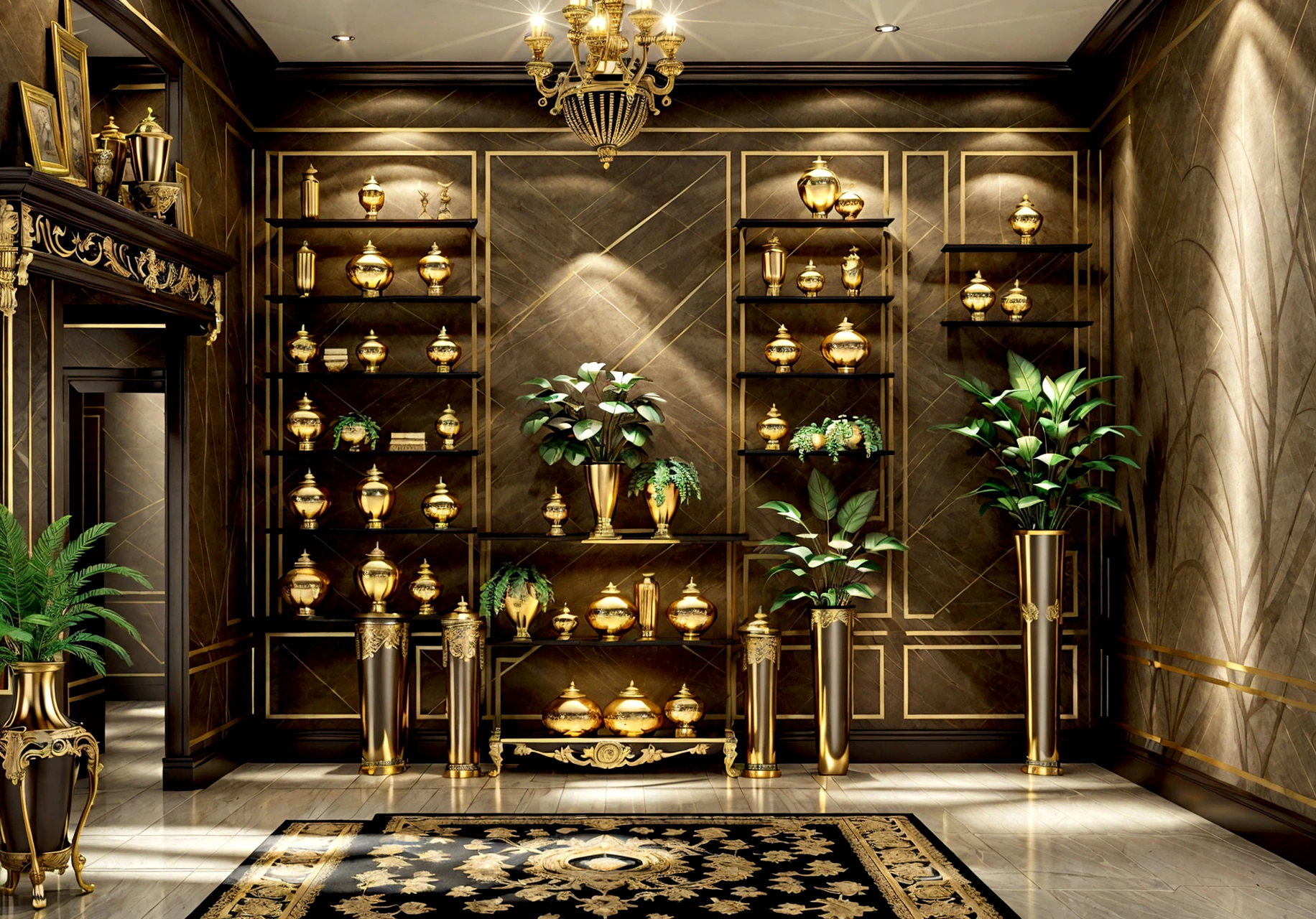 a luxurious interior, ornate decor, vases, shelves, plants, lamps, front view, eye-level view, wide angle, full front wall visible, super realistic, cinematic lighting, ultra HD, high quality, extremely detailed, high resolution