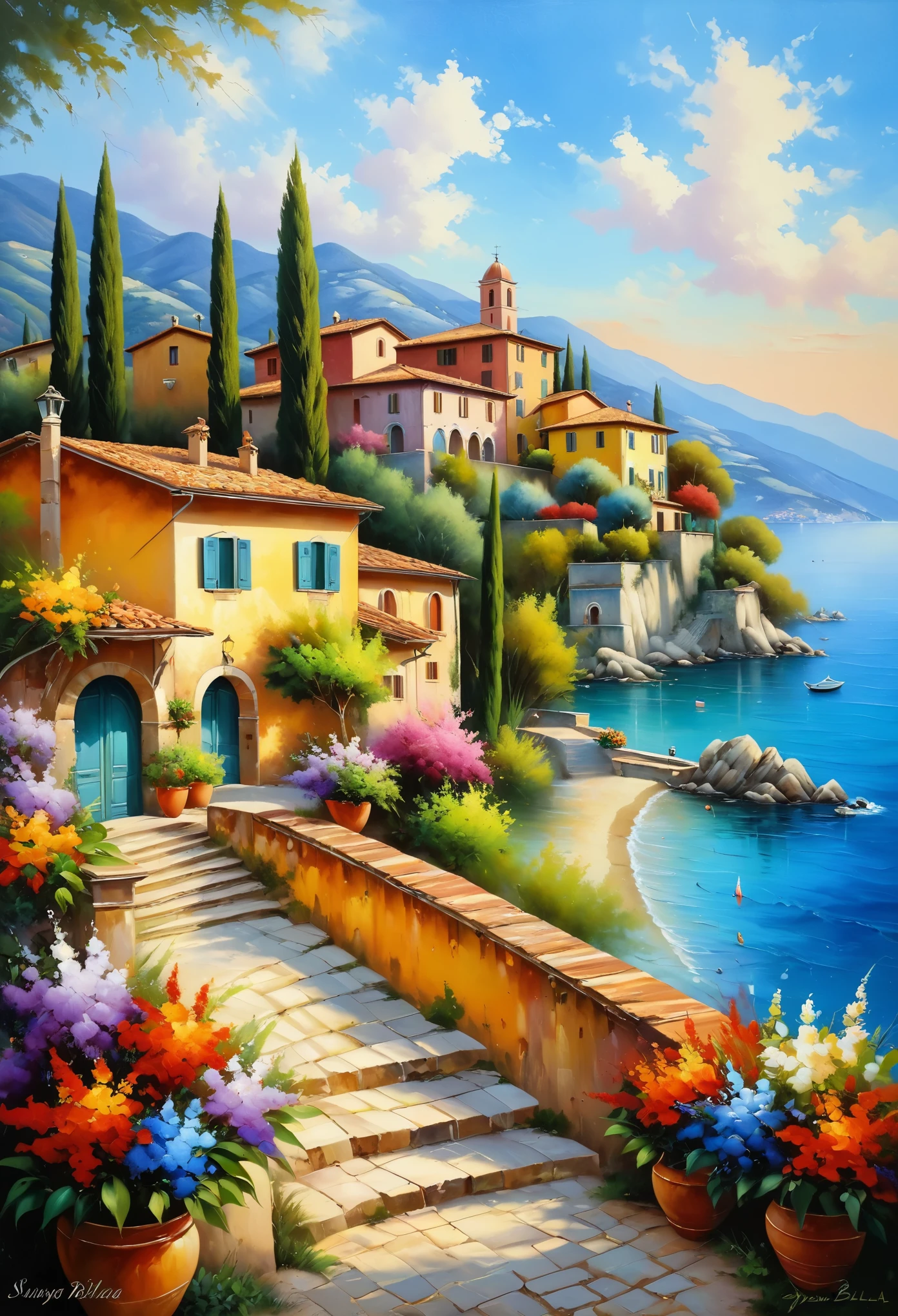 Beautiful village oil painting, Villa Bella, Italy, bySung Kim
