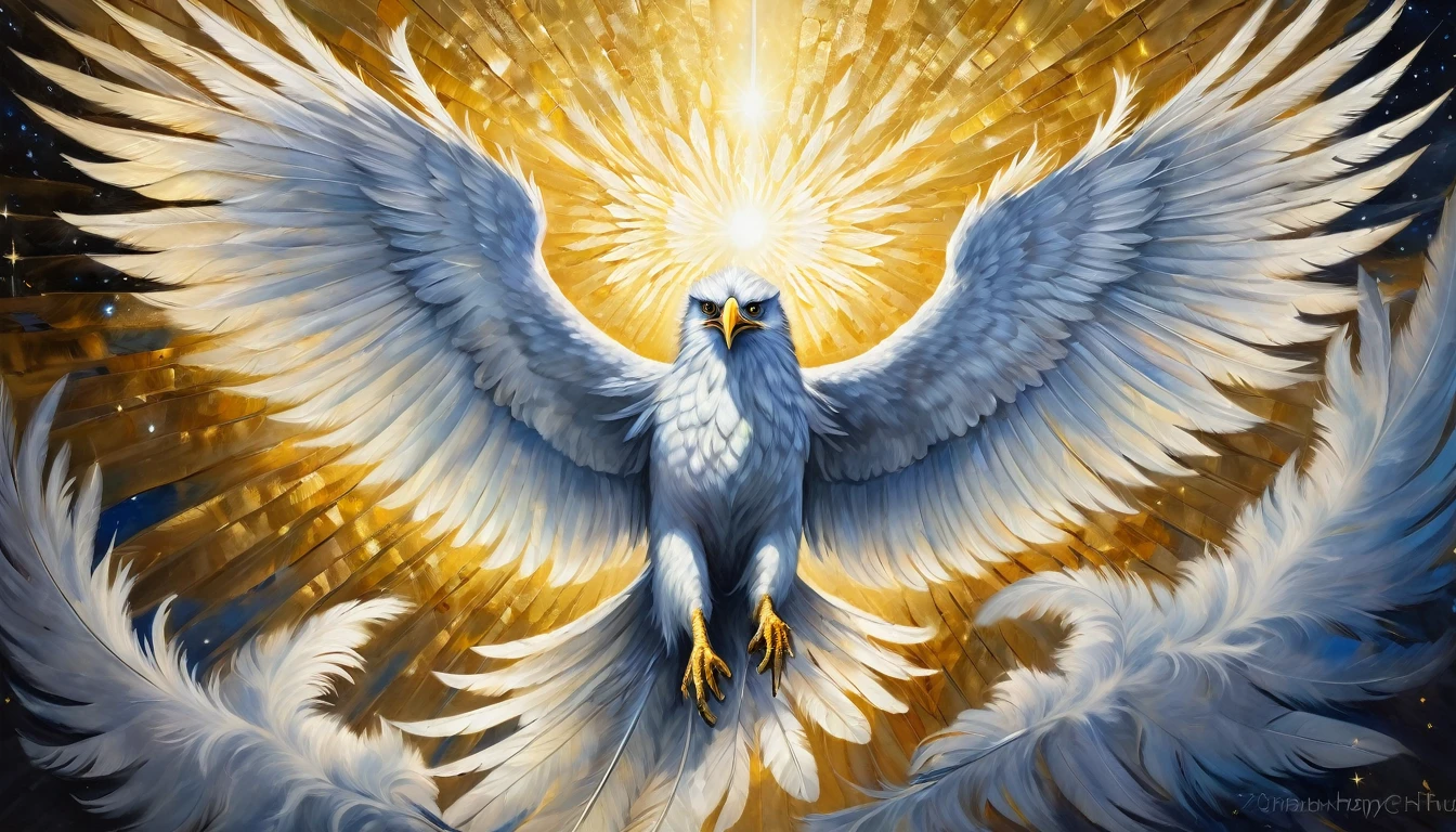 An electrifying harpy with feathers of shimmering gold and silver, its wings stretched out in a majestic display of power. The main subject is a mythical creature resembling a bird and a human, radiating energy and mystery. This is a breathtaking oil painting, capturing the harpy in all its celestial glory. Every brushstroke brings the creature to life, with intricate details in its celestial feathers that seem to glow with their own inner light. The overall quality of the image is simply stunning, evoking a sense of awe and wonder in the viewer's mind.