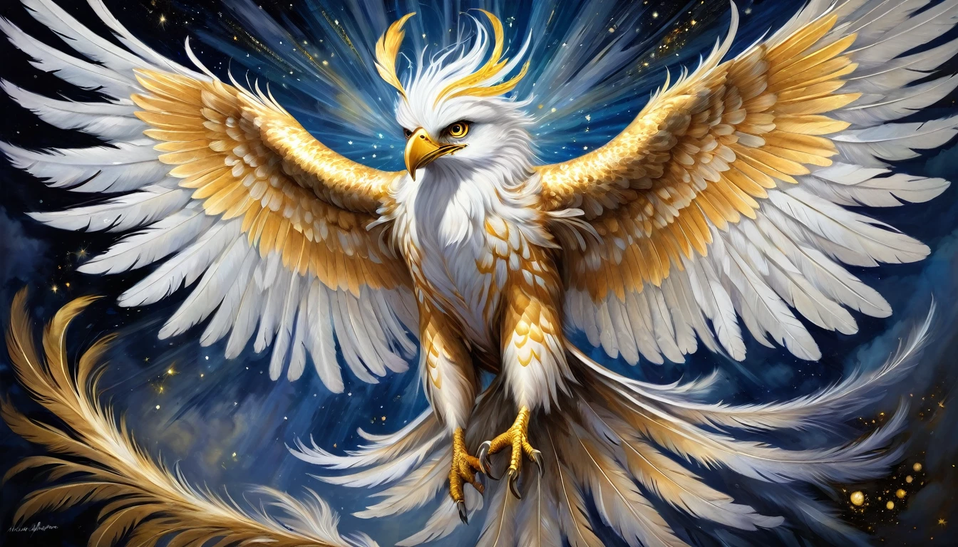 An electrifying harpy with feathers of shimmering gold and silver, its wings stretched out in a majestic display of power. The main subject is a mythical creature resembling a bird and a human, radiating energy and mystery. This is a breathtaking oil painting, capturing the harpy in all its celestial glory. Every brushstroke brings the creature to life, with intricate details in its celestial feathers that seem to glow with their own inner light. The overall quality of the image is simply stunning, evoking a sense of awe and wonder in the viewer's mind.