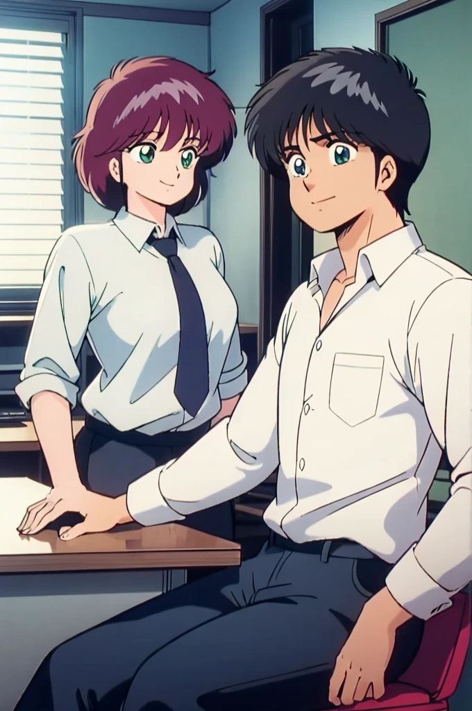 There are two people in the room, One is a woman and the other is a man, At work, High resolution, Madoka Ayukawa,, On the desk,, smile, Beautiful Face,