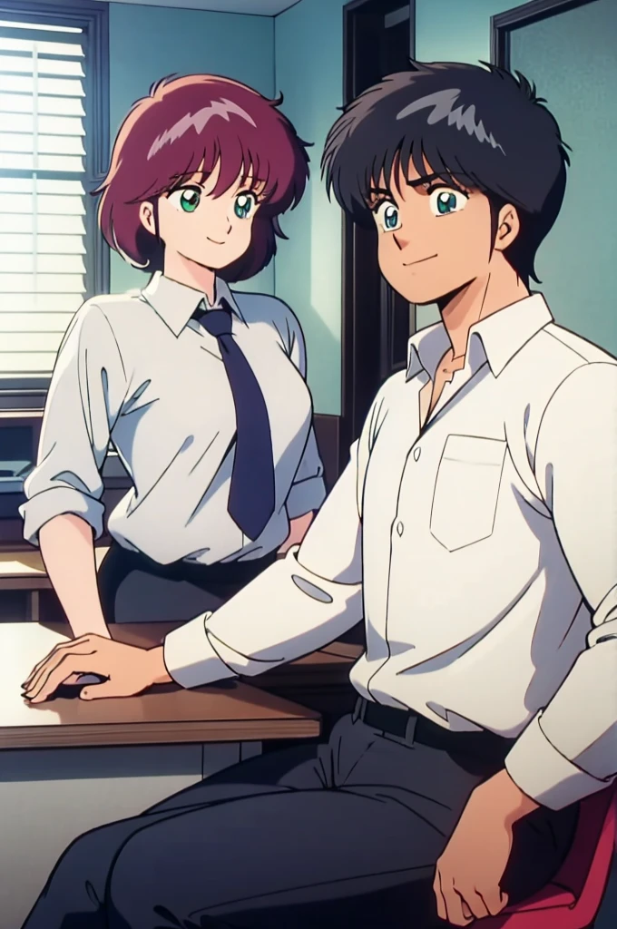 There are two people in the room, One is a woman and the other is a man, At work, High resolution, Madoka Ayukawa,, On the desk,, smile, Beautiful Face,