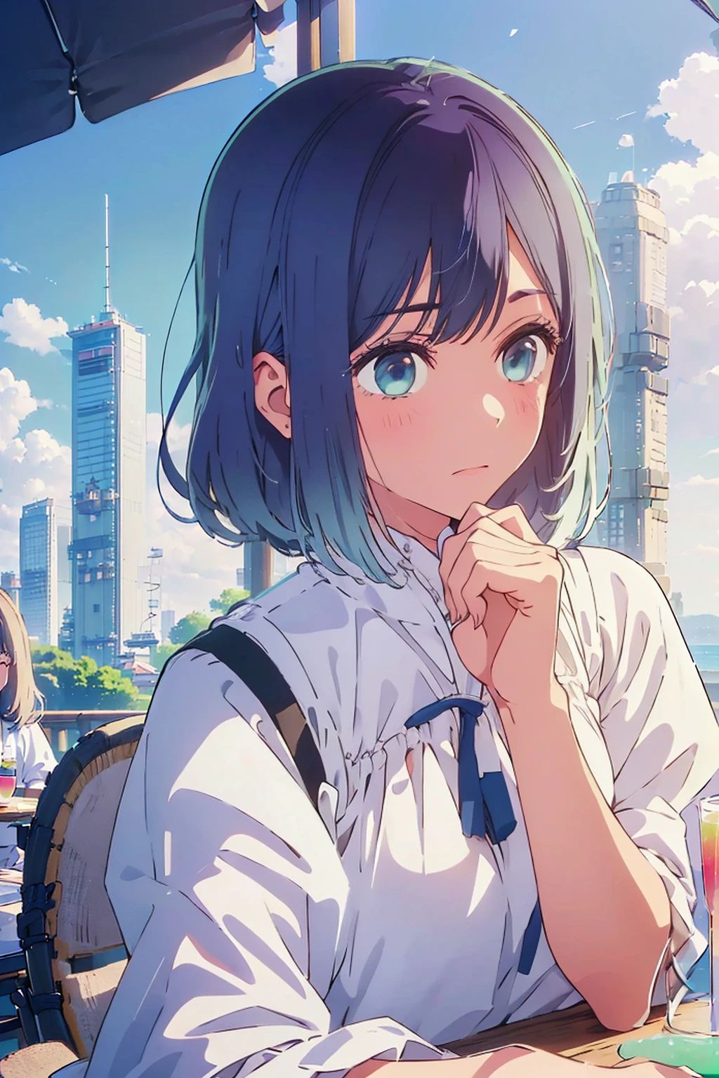 (Highest quality:1.4、8K:1.4、detailed)、F cup bust、Big Breasts、Slim body、Very white beautiful skin、((((1 person、Surprised expression、sit、Chair、In the background are the urban buildings of Tokyo、looking at the camera、Outdoor café terrace、coastal、Navy hair color、juice、A semi-plain, short-sleeved white blouse、Oversized blouse、The sleeves are puffy、Shooting up close、table、Very cute face))))、(Low ponytail:1.4)、Very blue sky、A completely cloudless sky