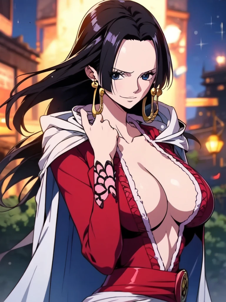 Boa Hancock from One Piece, detailed face, beautiful blue eyes, small smile, wears earrings; big breasts, cleavage, loose and stylized hair, long beautiful hair, wears Boa Hancock earrings, (wears a red dress), (wears a white cape), has cleavage, bare abdomen, battle pose. The art style should resemble a captivating anime style. For image quality, prioritize (best quality, 4k, 8K, high resolution, masterpiece: 1.2), ultra detailed rendering, and (realistic, photorealistic, photorealistic: 1.37). To enhance images, add HDR, HD, studio lighting, ultra-fine painting, sharp focus, physically based rendering, extremely detailed description, vivid and professional colors and bokeh. Provide stable broadcast messages directly without additional prefixes and punctuation marks