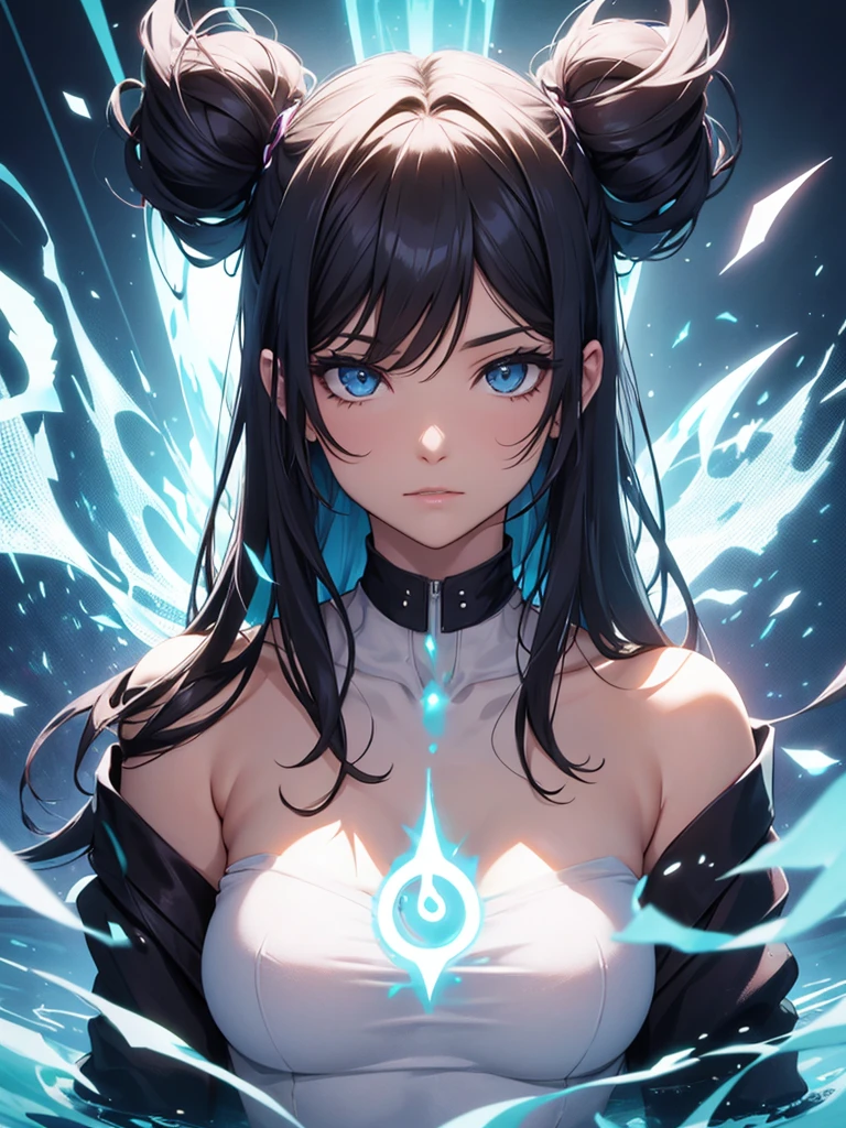 illustration, cinematic light, highres, highest quallity, ultra detailed, detailed face, (detailed eyes), best quality, hyper detailed, masterpiece, (detailed face), clean face, sexy mature woman wears transparent (torn) cloths, floating cloth, see through, choker, open cloths, nsfw, high heels, blue eyes, neon tiny glowing hair ends, dark fantasy forest, glowing plants with neon details, dark magic, (portal:1.15) to the underworld in the background, light reflection, heart shaped iris, playful eyes, open shoulder, rain, (wet body), tiny glowing butterfly, hair jewery