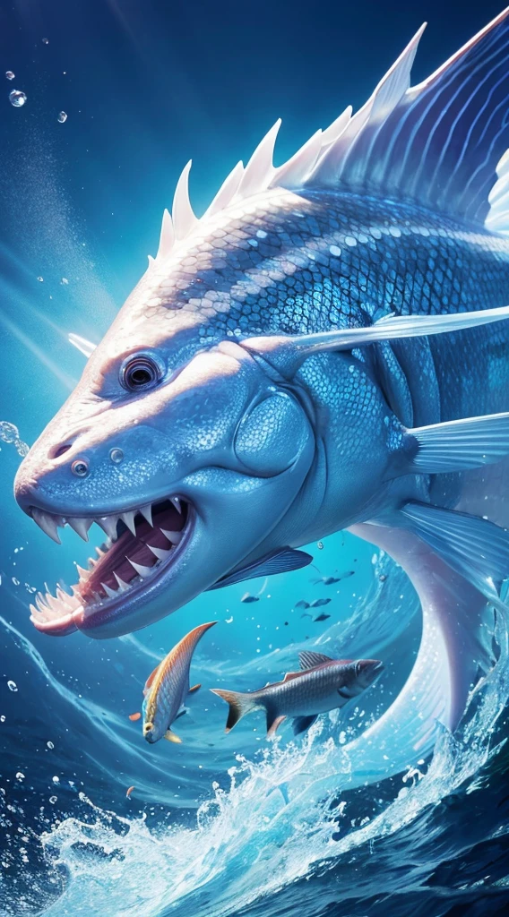 /imagine prompt: A high-resolution illustration of Seaman from the video game, featuring a human face fused with a fish's body. The Seaman has a large mouth and lips, expressive eyes, and a face covered with some whiskers. Its body is covered in scales, with webbed hands and feet, and a fin-like dorsal fin. The skin is bluish-white, and it has gills on the sides and a short neck. Created using: digital art, vibrant color palette, dynamic composition, game character style, detailed textures, hd quality --ar 16:9 --v 6.0
