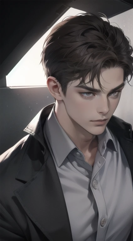 masterpiece, best quality, realistic, 1man, mature male, quiet and charming young man, 25 years old, close his eyes, serious look, extremely detailed face, smirk, ((dark grey eyes)), ((short-right-swept dark brown hair)), [thick eyebrows], detective, Black background, ((suit)), cinematic lighting, portrait
