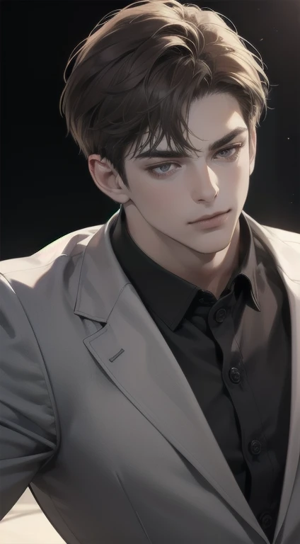 masterpiece, best quality, realistic, 1man, mature male, quiet and charming young man, 25 years old, close his eyes, serious look, extremely detailed face, smirk, ((dark grey eyes)), ((short-right-swept dark brown hair)), [thick eyebrows], detective, Black background, ((suit)), cinematic lighting, portrait