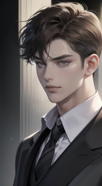 masterpiece, best quality, realistic, 1man, mature male, quiet and charming young man, 25 years old, close his eyes, serious look, extremely detailed face, smirk, ((dark grey eyes)), ((short-right-swept dark brown hair)), [thick eyebrows], detective, Black background, ((suit)), cinematic lighting, portrait