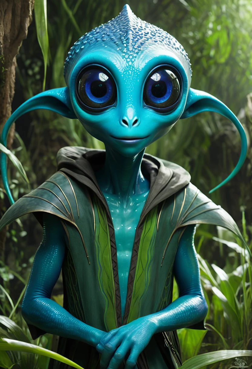 Rovender Kitt is a native of Orbona, an alien world, and he belongs to a species known as the "Hauld." He is distinctly alien in appearance, characterized by his tall and lean frame, which is covered in smooth, greenish-blue skin. His body is agile and built for quick movements, reflecting his adaptability and survival skills. Rovender's head is elongated, with large, expressive eyes that can change color based on his emotions. He has a pair of antennae protruding from his forehead, which enhance his sensory perception and communication abilities. His hands and feet are webbed, aiding in swimming and providing a better grip in various terrains. Rovender often dresses in practical, worn clothing suited for travel and survival, including a long cloak that conceals his features and provides protection from the elements.