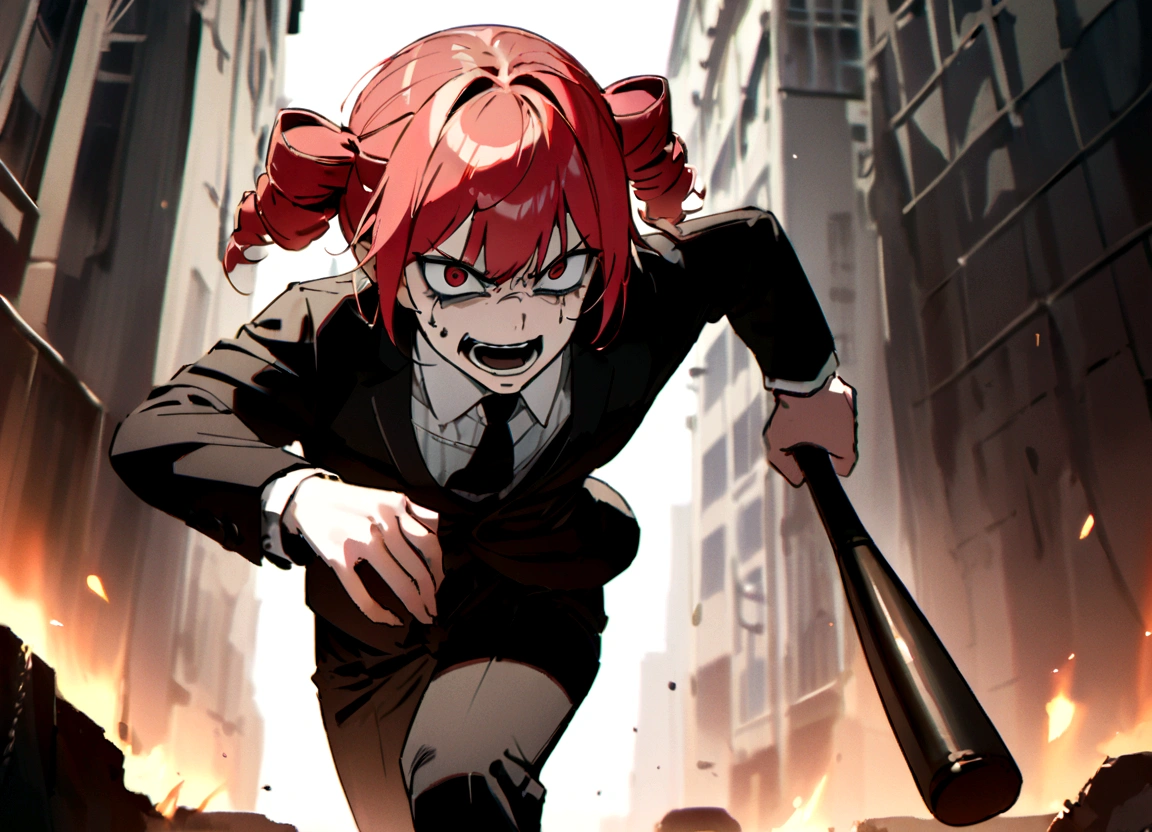 Red hair、Black suit、Black slacks、Wearing leather shoes、Holding a baseball bat、Scary face
