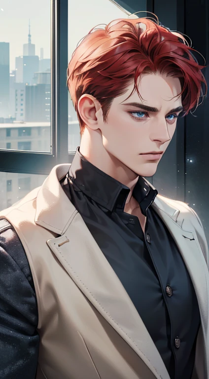 (best quality, masterpiece, 8K, photorealistic, cinematic lighting, 1:4 hdr image, ultra detailed, beautiful image), a mature man, 34 years very handsome, ((cold expression)), short red hair, blue eyes, face perfect without mistakes, ((buttoning his jacket, CEO))