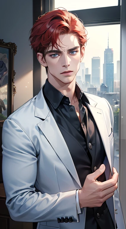 (best quality, masterpiece, 8K, photorealistic, cinematic lighting, 1:4 hdr image, ultra detailed, beautiful image), a mature man, 34 years very handsome, ((cold expression)), short red hair, blue eyes, face perfect without mistakes, ((buttoning his jacket, CEO))