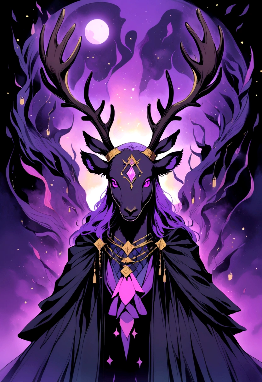 A young magician in medieval times in the mouth of a black deer with large antlers with a purple design